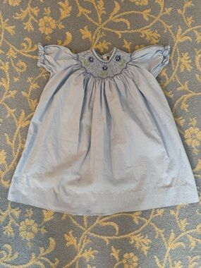 Light Blue Smocked Floral Yoke Girls' Casual Dress